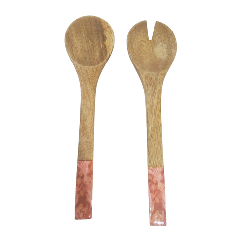 2pc Urban Boho 30cm Mango Wood Spoon/Spork Salad Servers - Pink