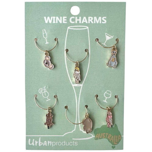 6pc Urban Australiana Wine Charms Chanmpagne Bottle Ring Grey 4cm