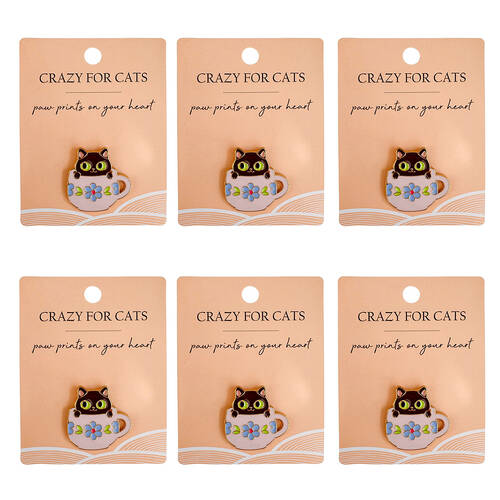 6PK Urban Metal Crazy For Cats Tea Cup Memento Pin 3cm Black/White