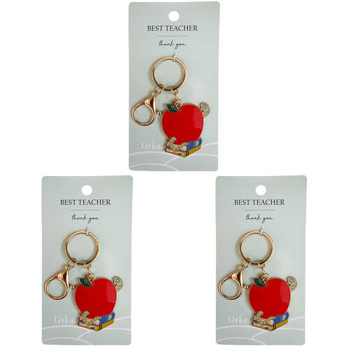3PK Urban Metal Worm Apple Best Teacher Keyring Bag Charm Accessory 12cm Red