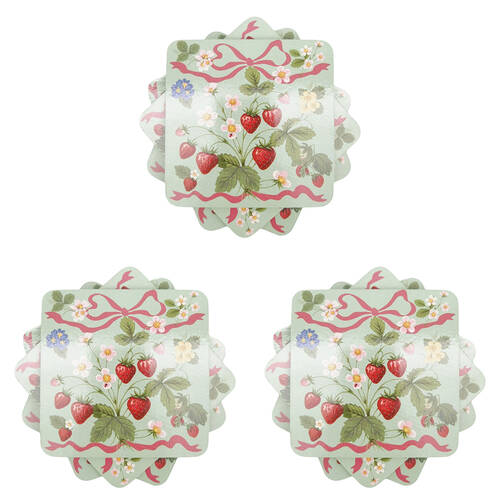 3x 4pc Urban Strawberry Field Cork Wooden Coasters Set 10cm Green/Pink