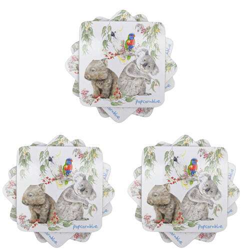 3x 4pc Urban Popcorn Blue Australiana Cork Wooden Coasters Set 10cm White