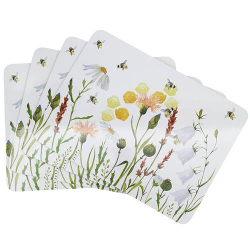 4pc Urban Bee Meadow Cork Wooden Table Placemats 28x38cm White/Yellow