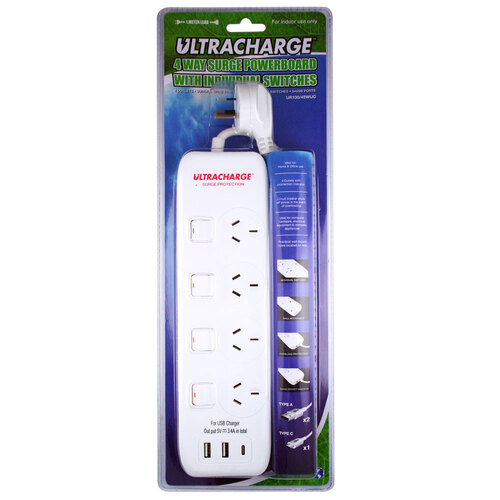Ultracharge Power Board 4 Switch Surge w/ 3x USB 3.4A