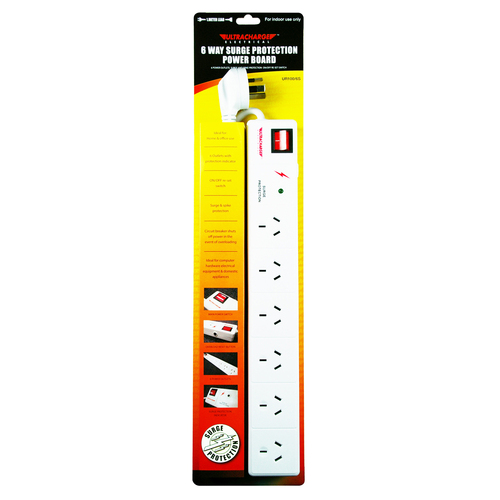 Ultracharge 6 Socket Surge Power Board - White 