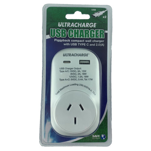 Ultracharge Power Adaptor With Dual Usb Ports Inc Type C