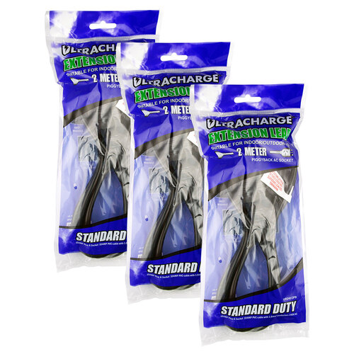3PK Ultracharge Extension Lead 2M With Piggy Back Plug - Black