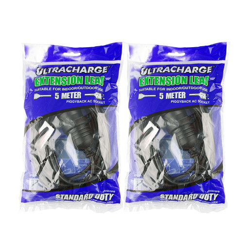 2PK Ultracharge Extension Lead 5M With Piggy Back Plug - Black