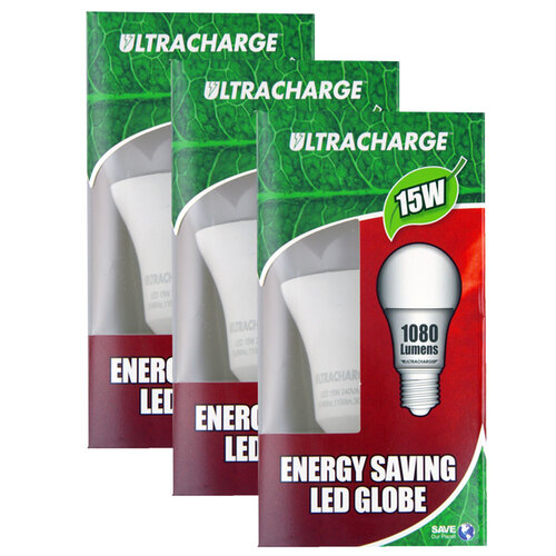 3PK Ultracharge 15W Led Light Globe 240V Edison