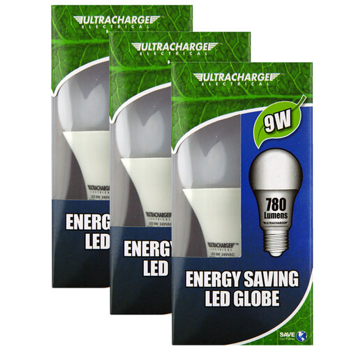 3PK Ultracharge 9W Led Light Globe 240V Edison