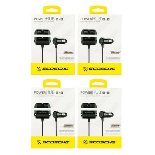 4PK Scosche PowerHub 10W Mountable Dual-Port USB Car Charger - Black