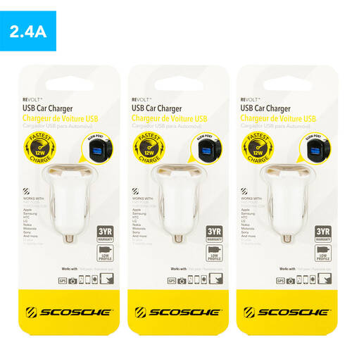 3PK Scosche reVOLT 12W USB Car Charger - White/Gold