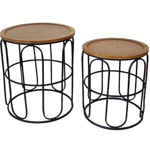 2pc LVD Metal Cane 55/47cm Top Table Home Furniture Round - Black