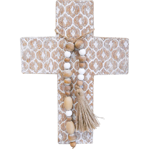 LVD Birch Wood/Iron Cross Motif Beaded Home Decor 22.5x31cm