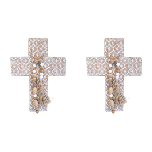 2PK LVD Birch Wood/Iron Cross Motif Beaded Home Decor 22.5x31cm