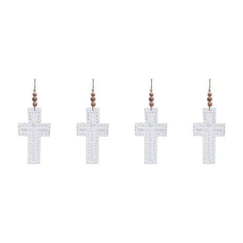4PK LVD Fir Wood Cross w/ Beaded Hanger Home Decor 11.5x20cm - Imprint