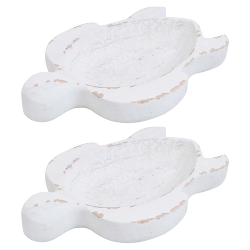 2PK LVD Wooden Decorative Turtle Bowl Home Decor 16.5x24cm - White Rustic