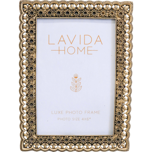 LVD Pewter/Glass 4x6'' Photo Frame Lace Home Decor - Gold