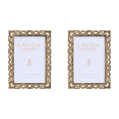 2PK LVD Pewter/Glass 4x6'' Photo Frame Antique Home Decor - Gold