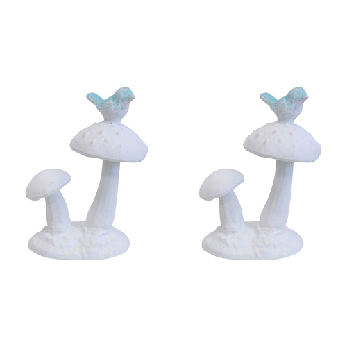 2PK LVD Iron Toadstools w/ Bird Sculpture Garden Decor 11.5x15.5cm - White