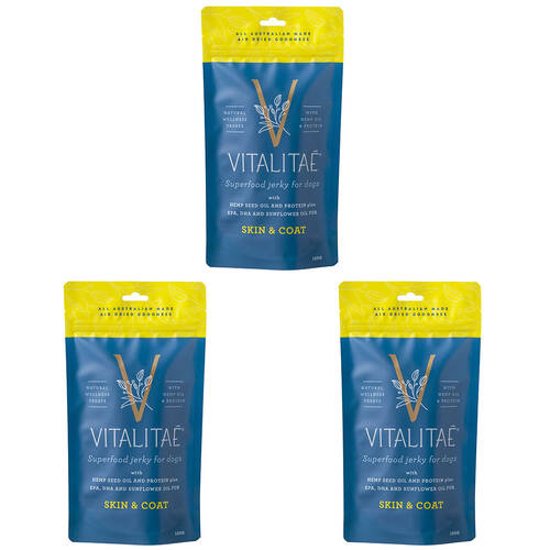 3PK Vitalitae Dog Jerky - Skin & Coat w/ Hemp Oil & Protein 150g