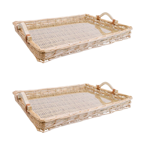 2PK LVD Woven Tray Basket w/ Glass/Handle XL Rectangle 54x40cm - Natural