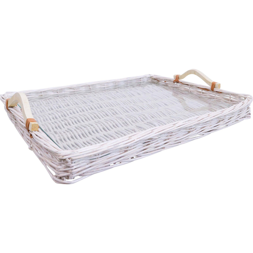 LVD Woven Willow Basket Tray w/ Glass/Handle XL 54x40cm - White