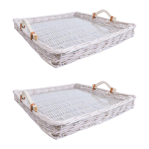 2PK LVD Woven Wilow Basket Tray Square w/ Glass 45x45cm - White