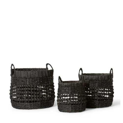 3pc E Style Kaikara Water Hyacinth 32/36/43cm Basket Set Round - Black