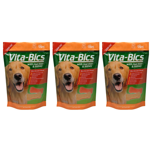 3PK Pets Own Low Fat Vita Bics Liver & Kidney Dog Biscuit Treats 400g
