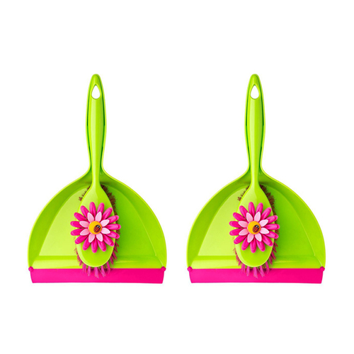 2x Vigar Flower Power Handy Broom & Dust Pan Set - Green