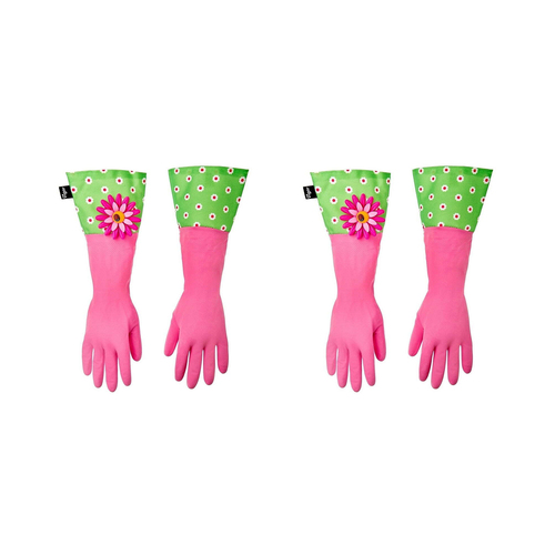 2x Vigar Flower Power Cuffed Cleaning Gloves Pair - Pink