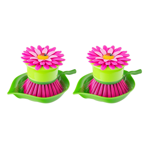 2x Vigar Flower Power Non-Scratch Palm Dish Brush w/ Holder - Pink