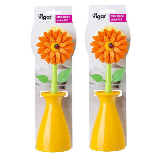 2PK Vigar Flower Power Dish Brush Plate/Bowl Cleaner w/ Vase - Orange