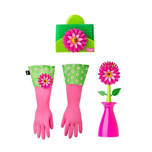 5pc Vigar Flower Power Set Gloves/Brush/Sponge/Holder - Pink/Green