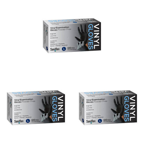 3x 100pc Saniflex Black Vinyl Examination Latex Powder Free Gloves- Size L