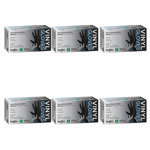 6x 100pc Saniflex Black Vinyl Examination Latex Powder Free Gloves- Size S