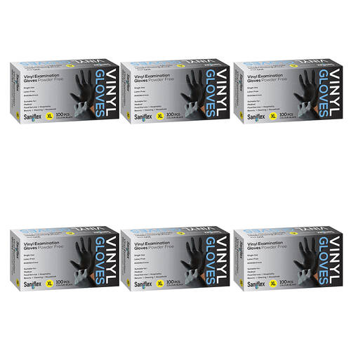 6x 100pc Saniflex Black Vinyl Examination Latex Powder Free Gloves- Size XL