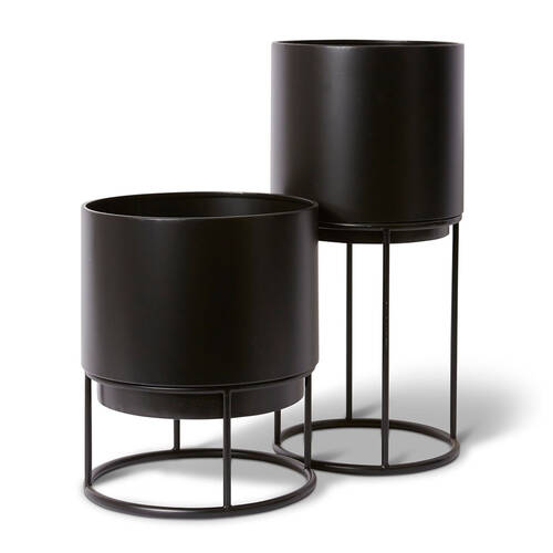 2pc E Style Gunner Metal Planters w/ Stand Set Home Decor 36/56cm - Black