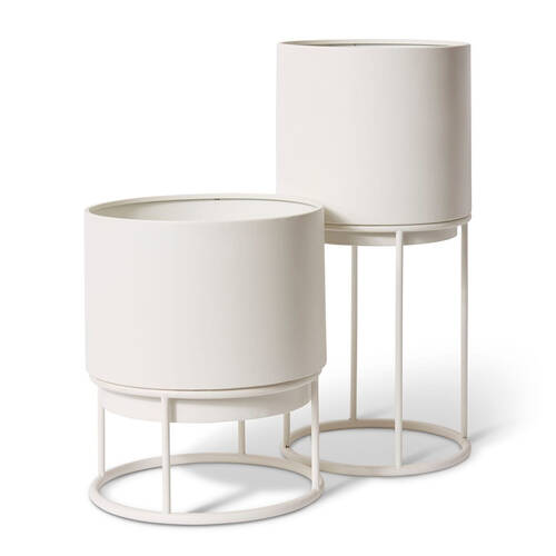 2pc E Style Gunner Metal Planters w/ Stand Set Home Decor 36/56cm - White