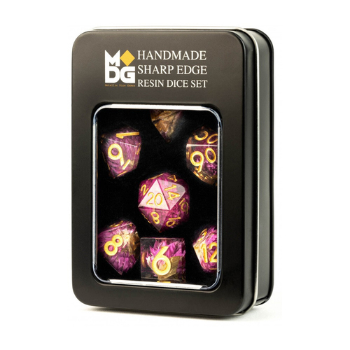 7pc Fanroll by Metallic Handmade Sharp Edge Resin Thousand Day Dice Set Red