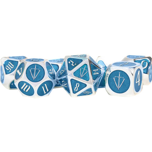 7pc Fanroll by Metallic Tales of the Valiant Metal RPG Dice Set Silver w/ Light Blue Enamel