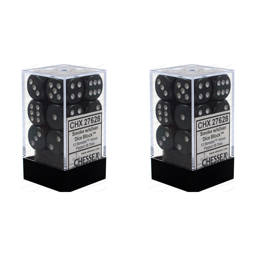 2PK D6 Borealis 12-Piece Set Gaming Dice for Tabletop RPGs Light Smoke/Silver 1.6cm