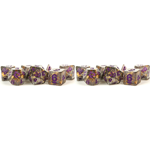 2x 7pc Fanroll by Metallic Resin Dice Set 16mm Grey/Gold/Purple