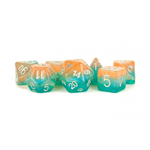 7pc Fanroll by Metallic MDG Polyhedral Layered Stardust Sunset Resin Dice 16mm