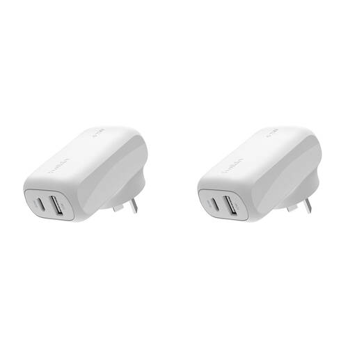 2PK Belkin Boostcharge 42W Fast-Charging Dual USB-C & USB-A Wall Charger White