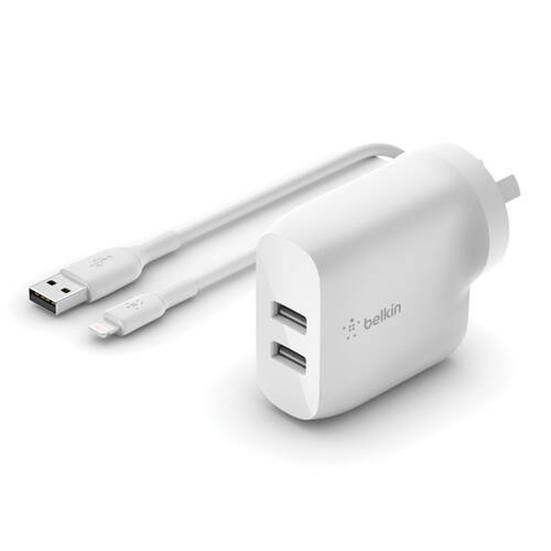 Belkin Dual USB-A 24W Wall Charger & Lightning Cable