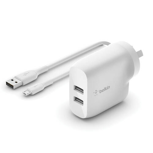 Belkin 24W Dual USB-A Wall Charger w/ Micro USB Cable - White