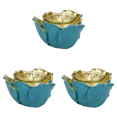 3PK LVD Resin/Glass 11cm Flower Tealight Candle Holder - Teal