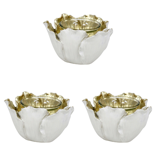 3PK LVD Resin/Glass 11cm Flower Tealight Candle Holder - White